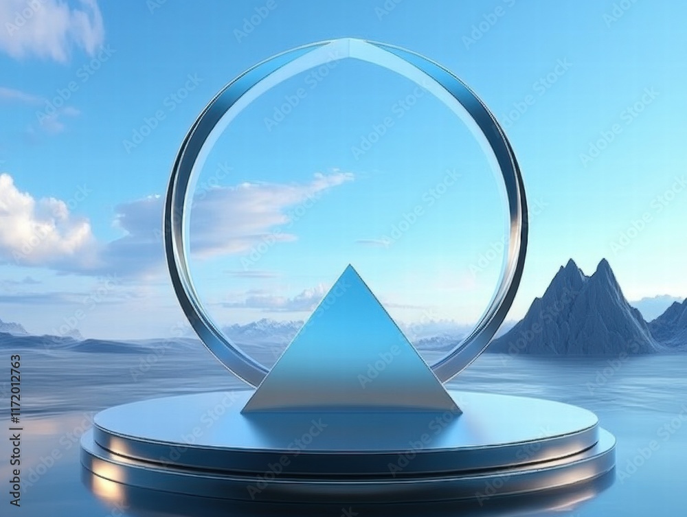 Poster A reflective geometric display featuring a pyramid and a circular frame over a serene landscape.