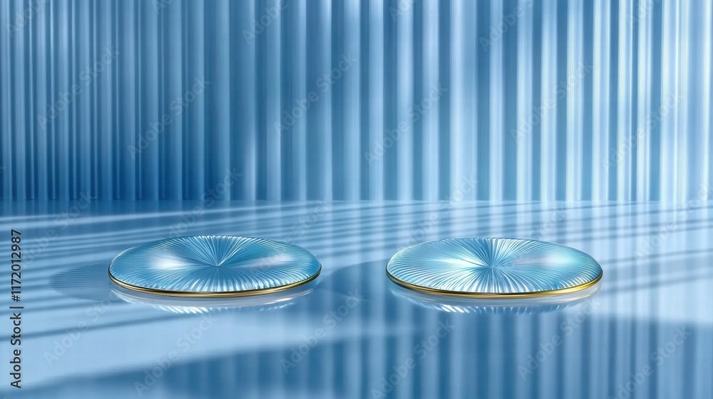 Fototapete two reflective, circular objects on a smooth surface with a soft blue backdrop.