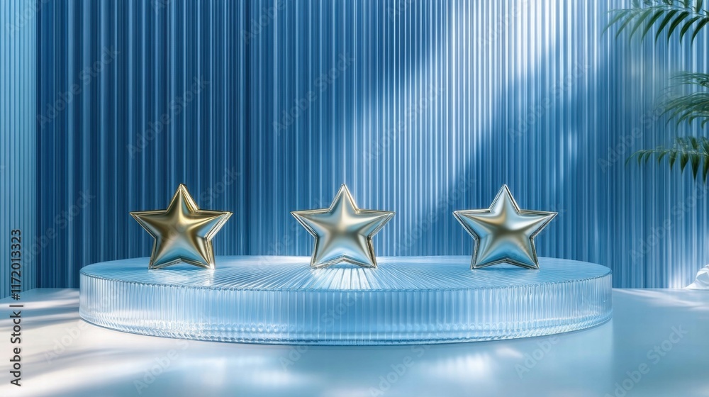 Poster a serene display featuring three shiny star sculptures on a clear platform against blue stripes.
