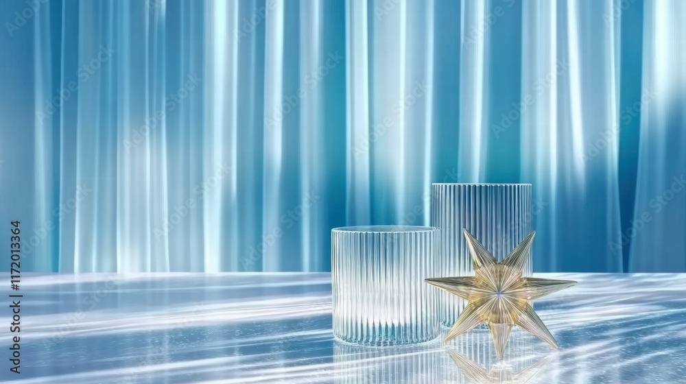 Poster A serene arrangement of glass objects and a star on a reflective surface with soft blue drapery.