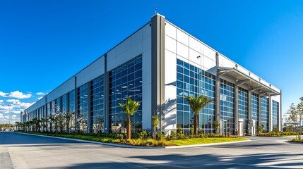 Obraz premium Modern Industrial Building with Large Windows and Landscaping