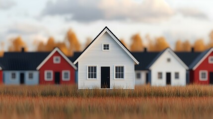 Obraz premium Calm Autumn Landscape with Quaint Houses Surrounded by Golden Grass and Soft Cloudy Sky