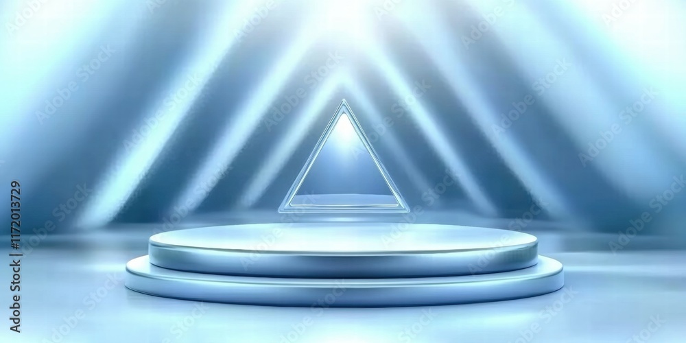 Poster A futuristic stage with a triangular backdrop and soft lighting, designed for presentations.
