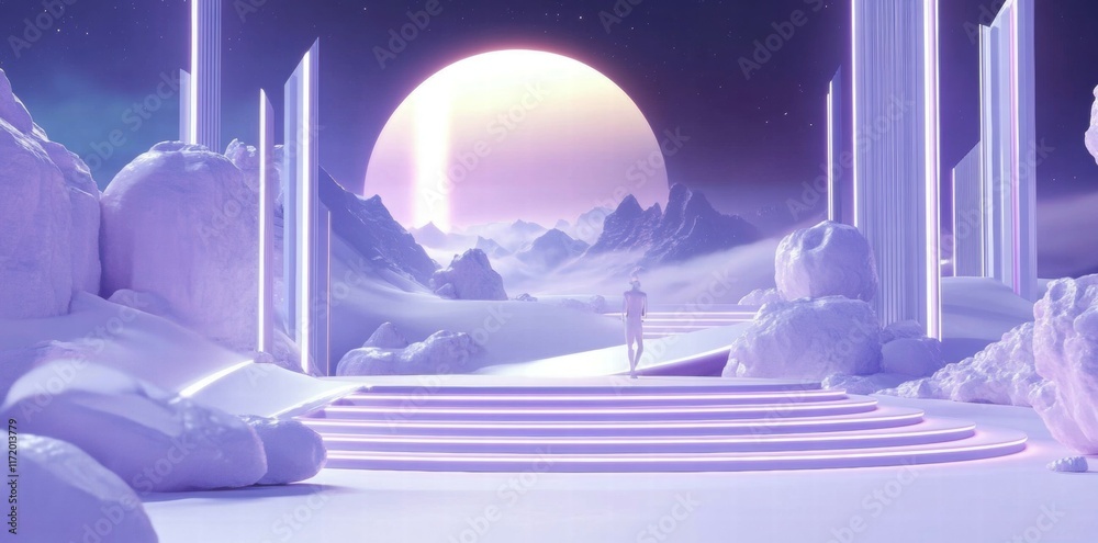 Aufkleber a surreal landscape featuring ethereal structures and a large glowing celestial body.