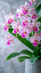 Obraz premium Pink orchid flowers in a grey pot.