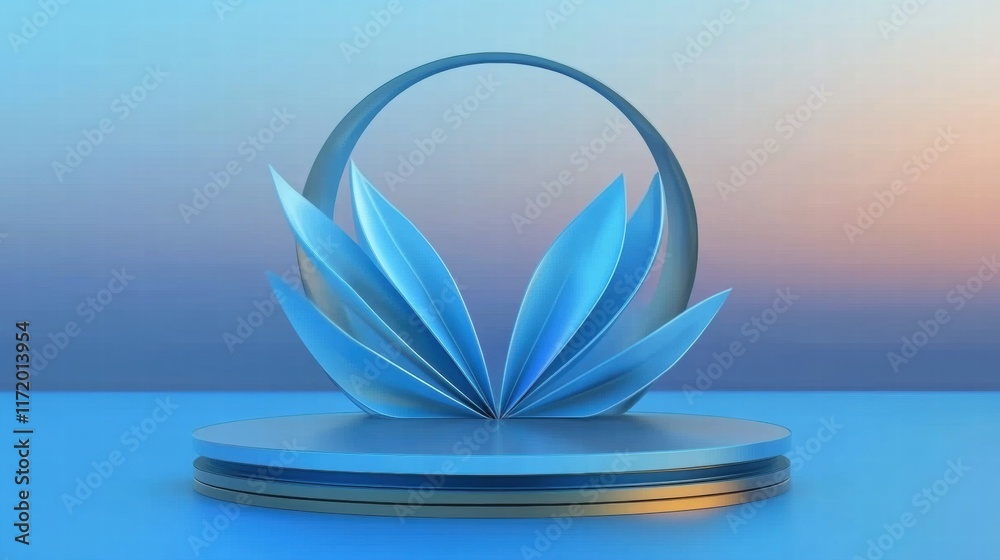 Poster a stylized blue lotus design on a circular platform against a gradient background.