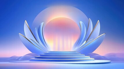 A serene, stylized stage with a glowing backdrop, evoking a sense of tranquility and inspiration.