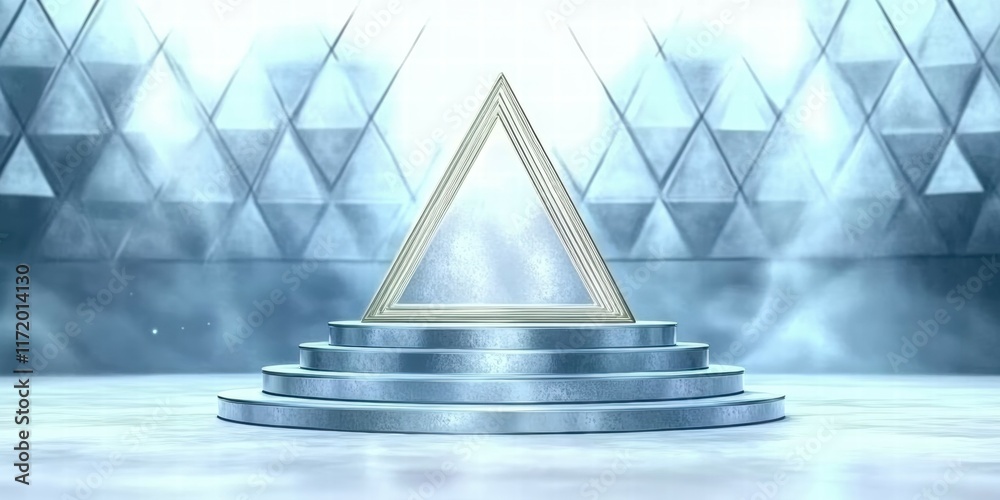 Poster a luminous triangular pedestal surrounded by a misty, geometric backdrop.