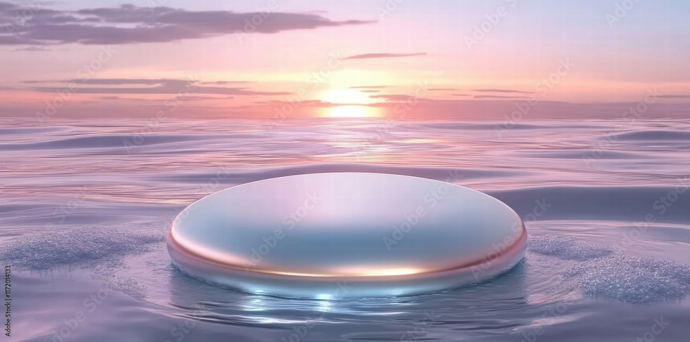 Poster a reflective dome on calm water at sunset, creating a serene and tranquil atmosphere.