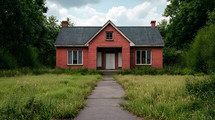 Fototapeta premium Abandoned red brick house surrounded by tall grass and trees under a cloudy sky in rural landscape