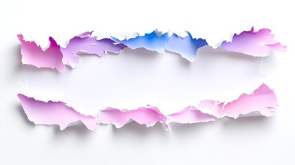 Fototapeta premium Torn pastel paper reveals white background; space for text or image.