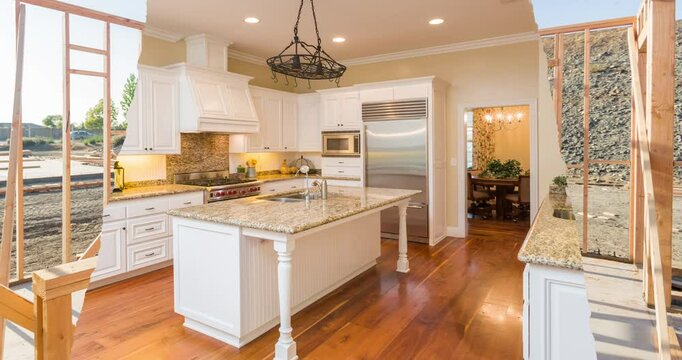 Before and After of Woman Using Painting Roller to Reveal Completed Custom Kitchen Under Wood Construction Framing.