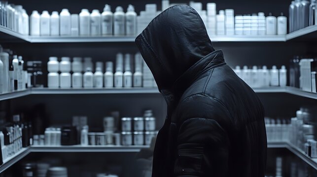 A person in a black hooded jacket stands in a store aisle filled with shelves of various bottles and containers. The scene is dimly lit, creating a mysterious and somewhat ominous atmosphere.