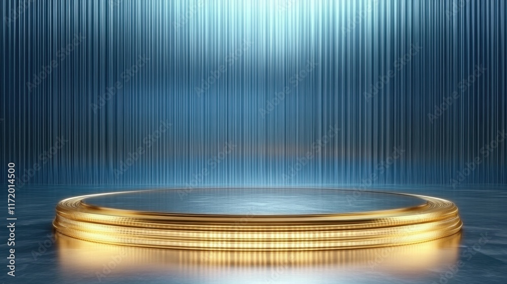 Poster a golden circular platform illuminated against a blue backdrop, suggesting a stage or display.