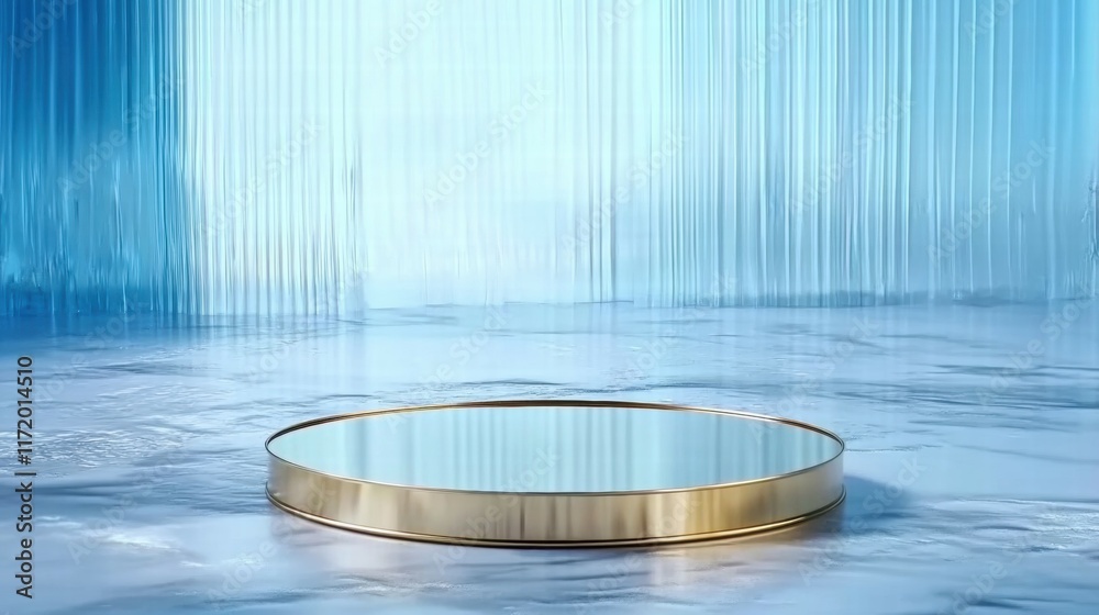 Poster A reflective circular platform set against a serene blue backdrop with cascading light.