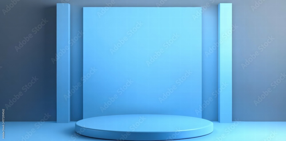Poster A minimalist blue stage setup with a circular platform and backdrop for presentations or displays.