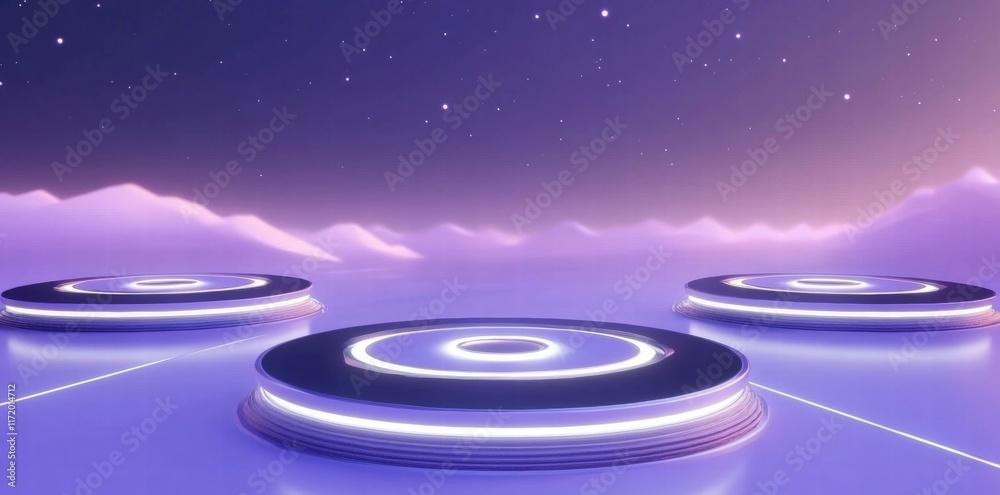 Poster a futuristic landscape with circular platforms under a starry sky and soft mountains.