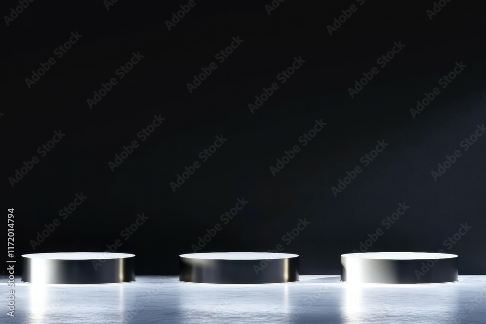 Poster Three circular platforms illuminated against a dark background, suggesting a minimalist display setup.