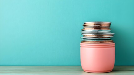 Stacked Coins in a Pink Container Against a Turquoise Background for Financial Savings Concept