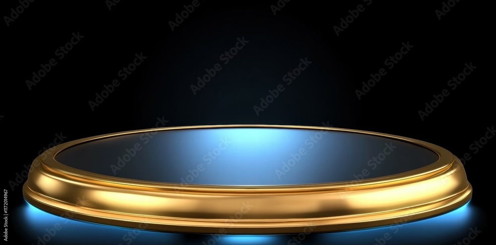 Poster A golden circular platform with a reflective surface, illuminated from below.