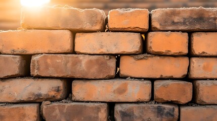 Obraz premium Detailed close-up of a brick wall showcasing the natural texture and color variations of clay bricks illuminated by warm sunlight in a construction setting.