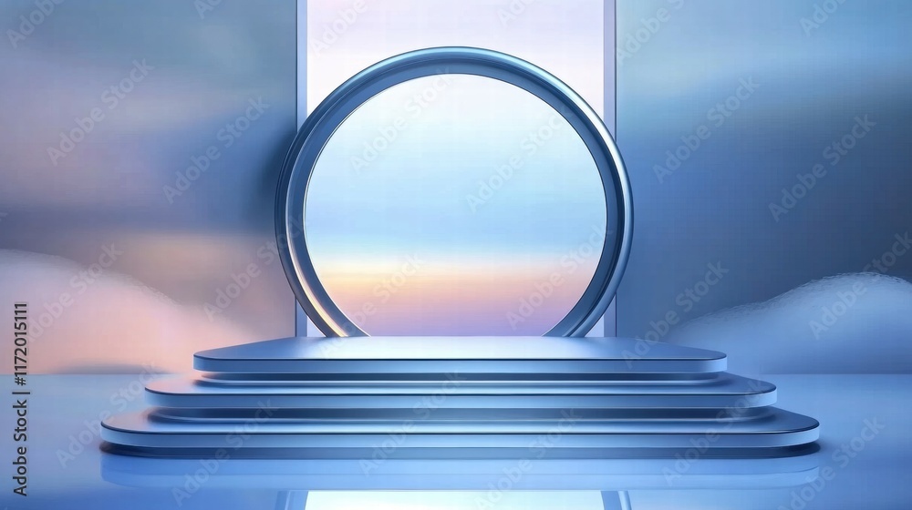 Poster A serene stage with a circular backdrop and soft clouds, suggesting a peaceful setting.