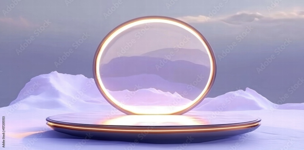 Poster a futuristic circular portal on a reflective platform amidst a serene snowy landscape.
