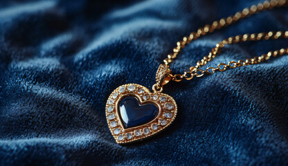 Elegant Gold Heart  Necklace on Blue Velvet