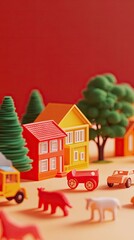 Naklejka premium A colorful miniature scene featuring houses, trees, and toy animals on a playful landscape.