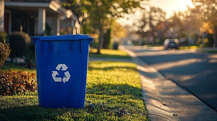 Blue Recycling Bin on a Quiet Suburban Street