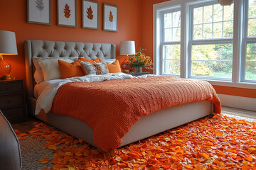 Autumnal Bedroom Decor Featuring Orange Bedding and Leaf Rug