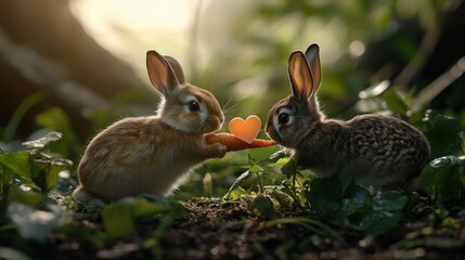 Obraz premium A bunny giving a heart-shaped carrot to another bunny in a garden