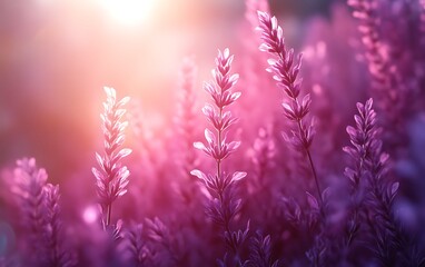 Obraz premium Sunlit lavender field at sunset.