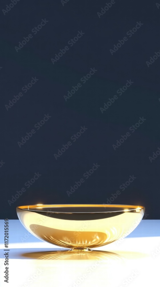 Poster a shiny golden bowl set against a dark background, emphasizing its reflective surface.