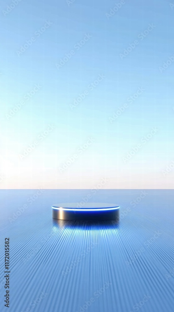 Poster a minimalist platform illuminated with blue light against a serene sky and water backdrop.