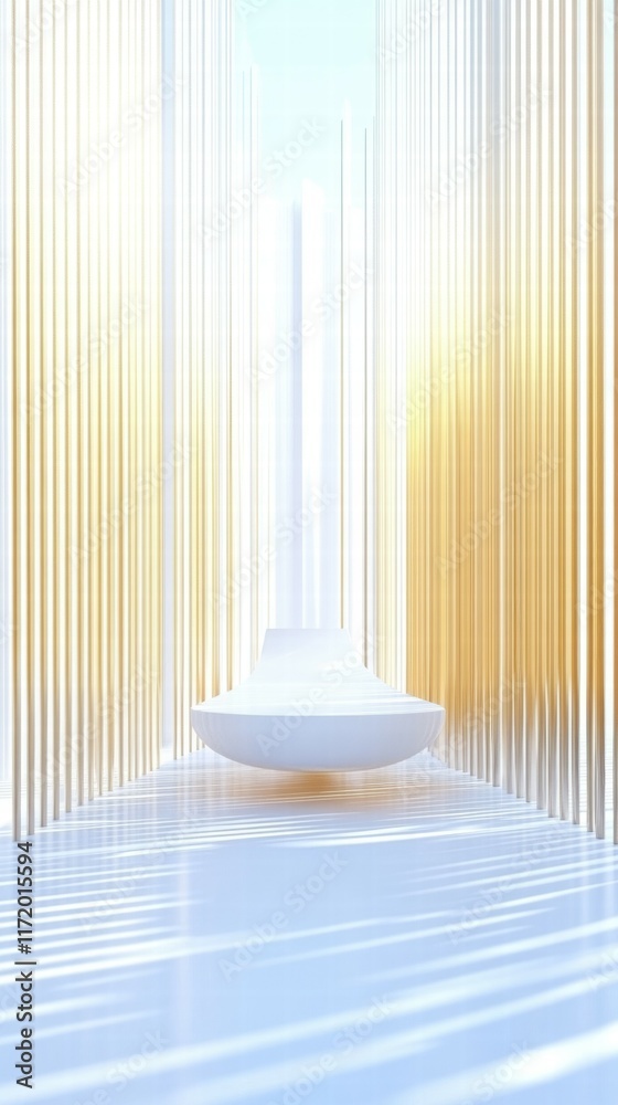 Poster A serene, minimalist space featuring a central circular structure and vertical light elements.