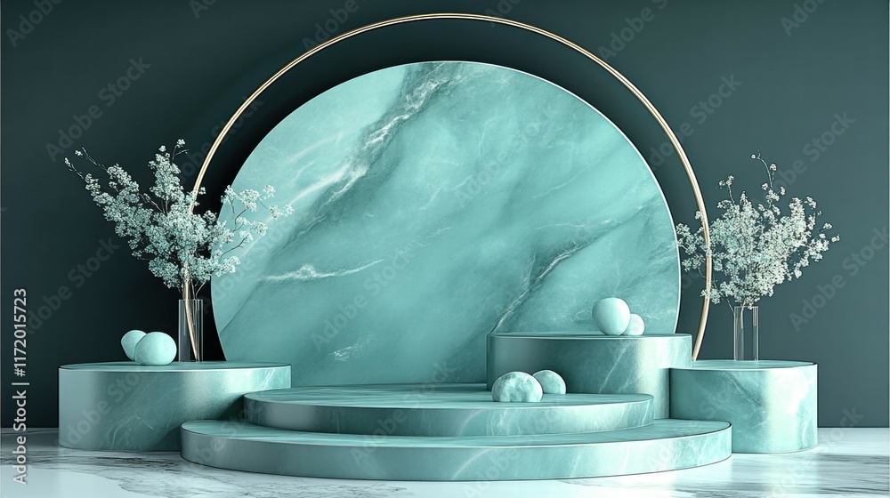 Poster a modern display featuring teal marble-like structures and floral arrangements.