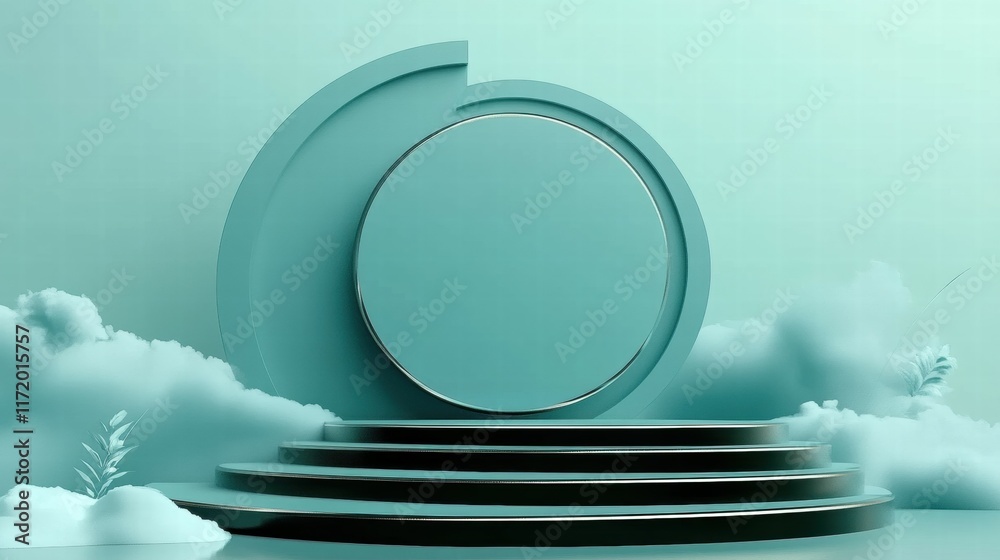 Aufkleber A minimalist stage design with circular and curved elements, set against a soft backdrop.