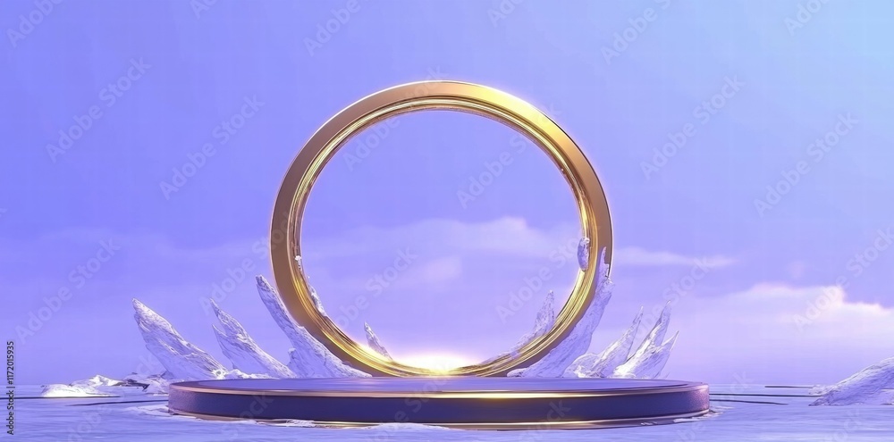 Poster a golden ring surrounded by ice-like structures against a serene sky backdrop.