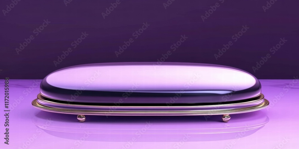 Poster a sleek, glossy object on a reflective surface with a purple background.