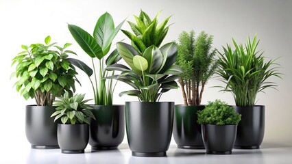 Obraz premium Isolated 3D houseplants, black pots, high-resolution drone photography.