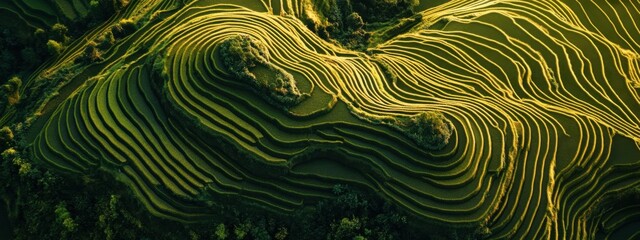A serene aerial perspective of terraced rice paddies bathed in the soft light of sunrise in Yunnan, China, Yunnan rice terraces sunrise scene