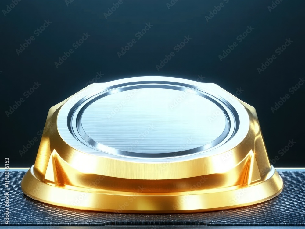 Poster A shiny golden button on a textured surface, reflecting light in a sleek environment.