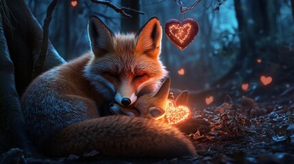 A fox pair cuddling under a glowing Valentine's Day banner in a forest