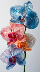 Fototapeta premium Three vibrant orchids with water droplets.