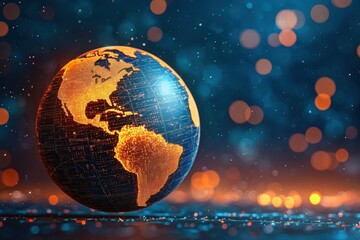 The digital generated image features a high resolution globe rotating over a backdrop of intricate scientific data patterns that symbolize advanced data processing, network connectivity