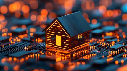 Conceptual Image of a Small House on a Circuit Board Surrounded by Glowing Orange Lights, Symbolizing Smart Home Technology
