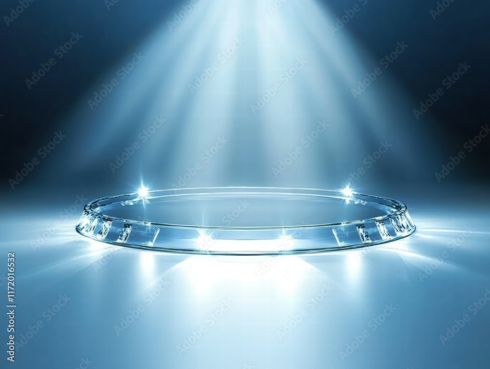 Poster A circular, illuminated platform with a glowing effect, suggesting a futuristic display.