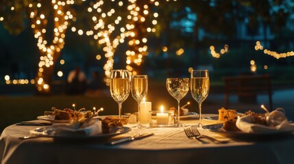 A glowing candlelit dinner setup for two under twinkling fairy lights