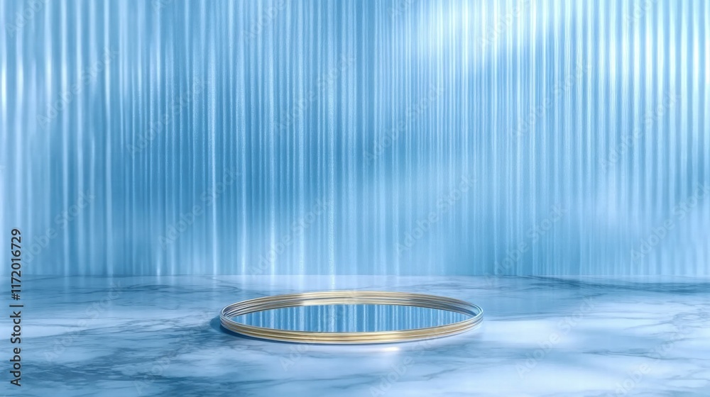 Poster a serene blue environment featuring a circular golden frame and a reflective surface.